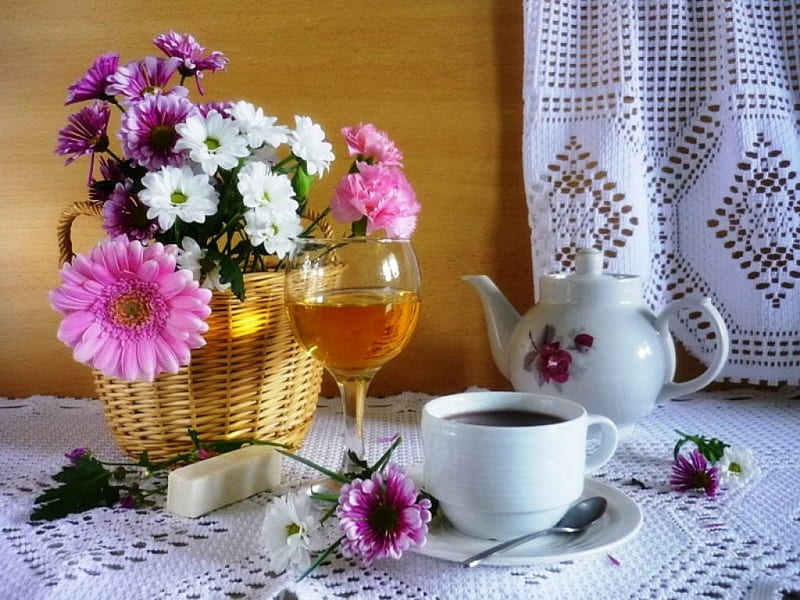 Have a nice day !, still life, nice, flowers, pink, wine, black, carnations, happy, glass, purple, coffee, dahlias, basket, entertainment, cup, chrysanthemums, day, white, HD wallpaper
