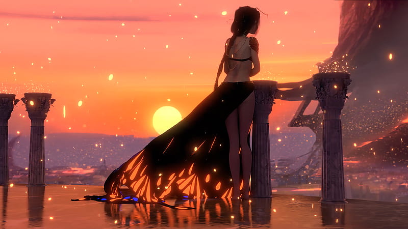 Wlop Anime Girl Sunset , anime-girl, anime, artist, artwork, digital-art, HD wallpaper