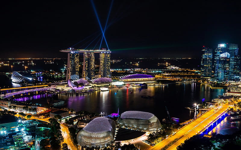 Marina Bay Sands, Hotel, Bay, Singapore, skyscrapers, spotlights, HD wallpaper