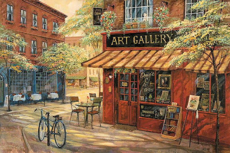 Doug's Art Gallery, house, painting, bicycle, village, artwork, street, HD wallpaper