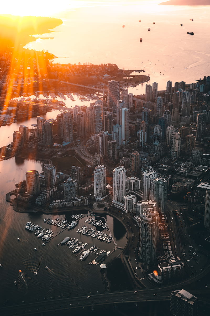 city, aerial view, architecture, sunlight, rays, vancouver, canada, HD phone wallpaper
