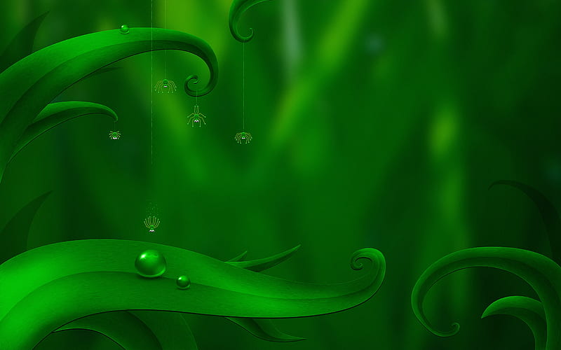 Spider diving, luminos, green, water drop, dew, creative, vector, leaf, HD wallpaper