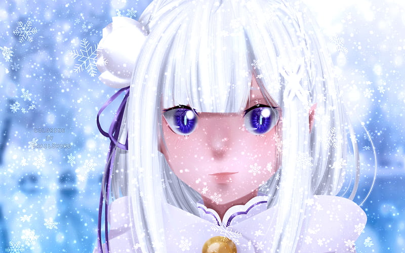 Emilia, snowflakes, blue eyes, manga, Re Zero, winter, HD wallpaper
