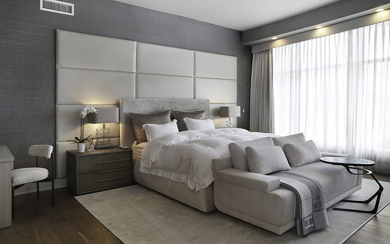 Gray stylish bedroom, modern interior design, gray walls, stylish gray interior, bedroom, white leather panels on the wall, HD wallpaper