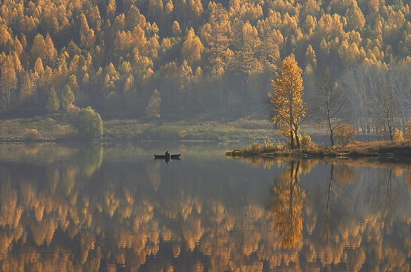 Still place, forest, autumn, still, place, lake, tree, boat, nature, reflections, landscape, HD wallpaper