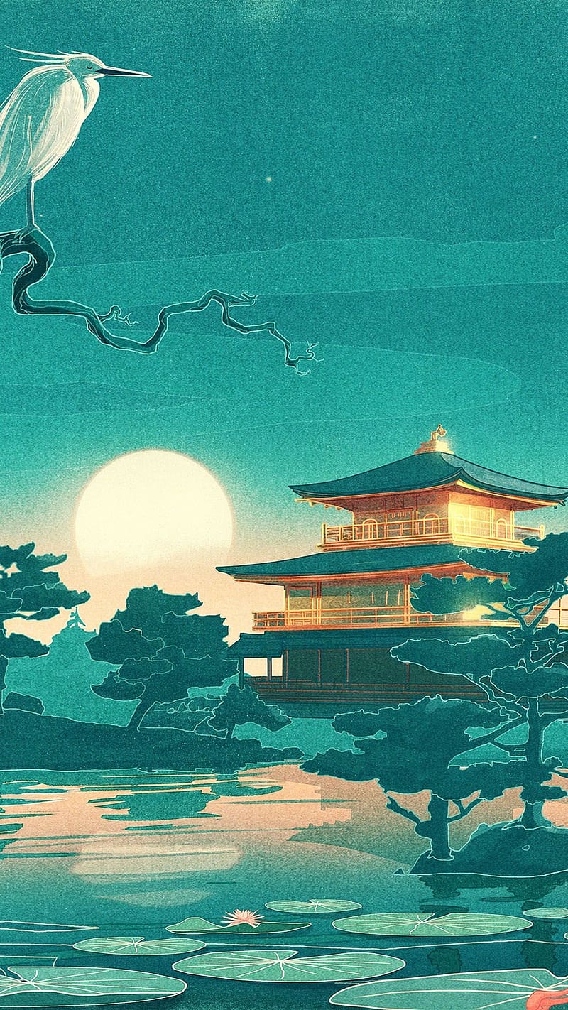 Simple Iphone, Japan Temple, painting art, art work, full moon, HD ...