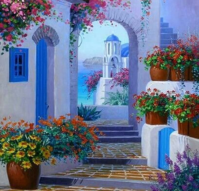 Santorini, art, paintings, houses, flowers, beauty, blue, HD wallpaper