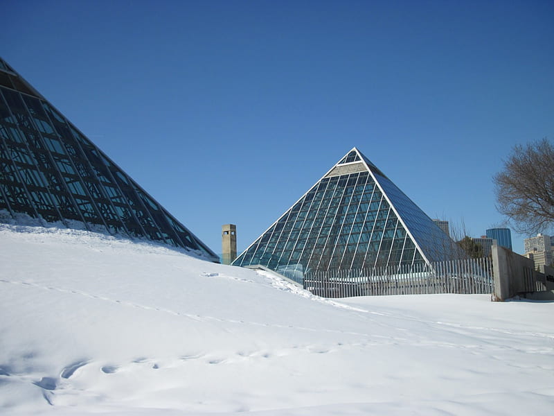 Muttart Conservatory of Edmonton 03, graphy, snow, pyramids, white, sky, blue, Winter, HD wallpaper