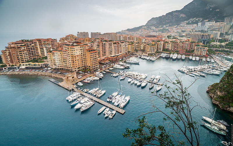 Monte Carlo, Monaco, morning, sunrise, Mediterranean Sea, bay, luxury yacht, mountain landscape, HD wallpaper
