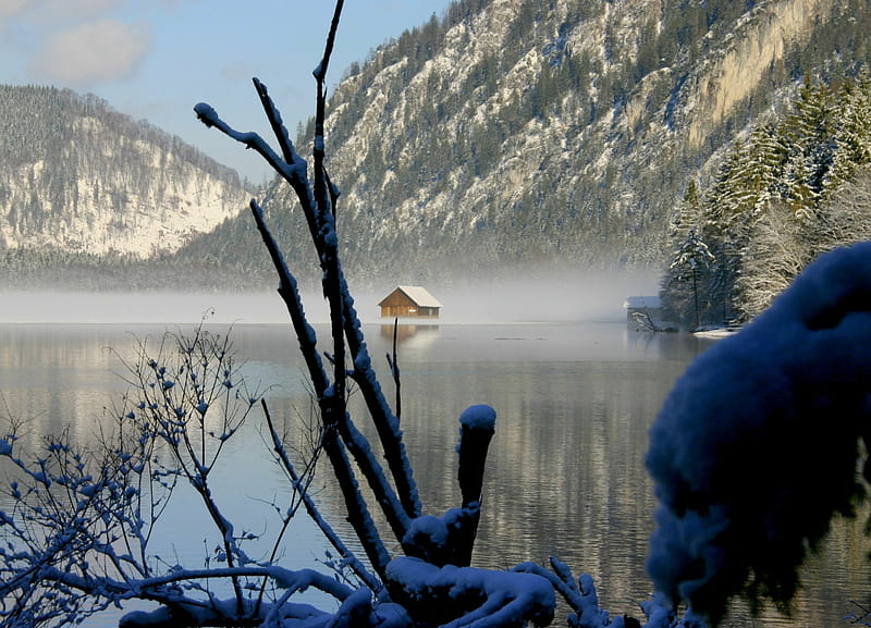 ALM-LAKE AUSTRIA, snow, lake, winter, mountains, HD wallpaper