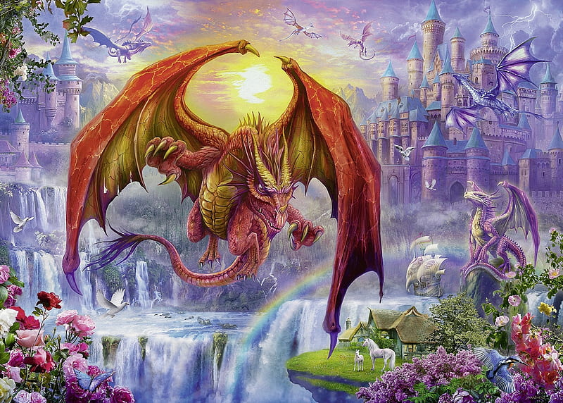 Dragon Palace, purple, flying, large, pinks, castle, small, dragons, wings, puzzle, jigsaw, HD wallpaper