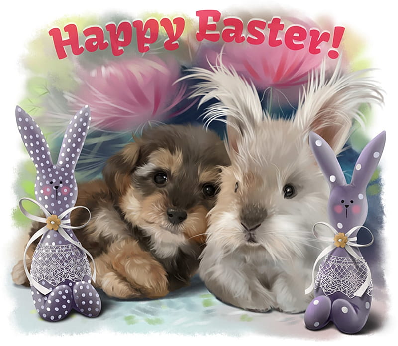 Happy Easter!, cute, art, lorri kajenna, bunny, easter, puppy, animal, card, HD wallpaper