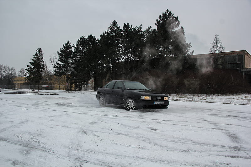 Audi 80 drift, 80, black, drifting, b3, kamei, audi, winter, snow, car, bulgaria, sport edition, HD wallpaper