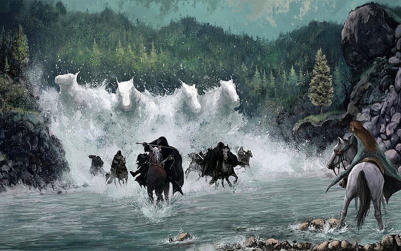 The nazguls, elf, fellowship of the ring, arwen, horse, art, lord of the rings, the nazgul, luminos, water, fantasy, lotr, river, HD wallpaper