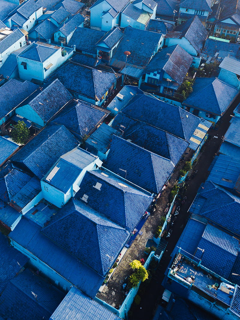 aerial graphy of blue-roofed houses during daytime, HD phone wallpaper