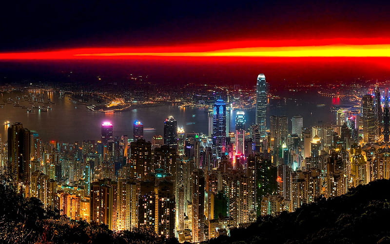 Hong Kong Sunset, city, Hong Kong, China, sunset, lights, night, HD wallpaper