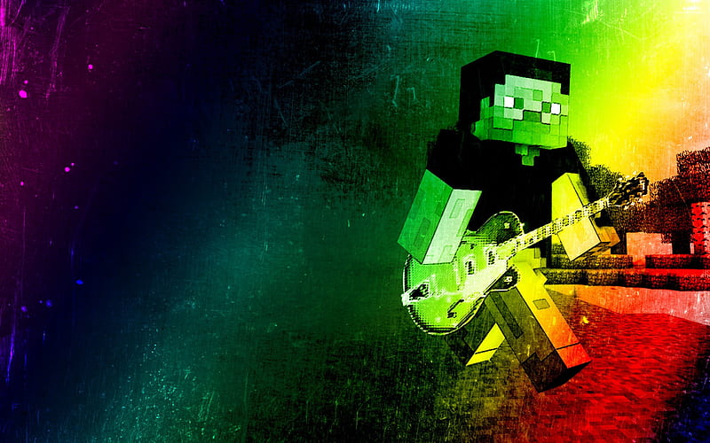Minecraft Steve Zombie Playing Guitar Psychedelic, minecraft steve, psicodelia, guitar, music, minecraft, zombie, HD wallpaper