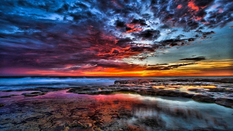 spectacular colors in sunset over rocky shore r, rocks, shore, colors, r, sunset, clouds, sea, HD wallpaper