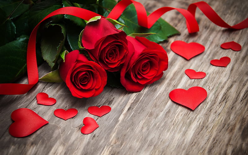 red roses, red hearts, Valentines Day, rose petals, HD wallpaper