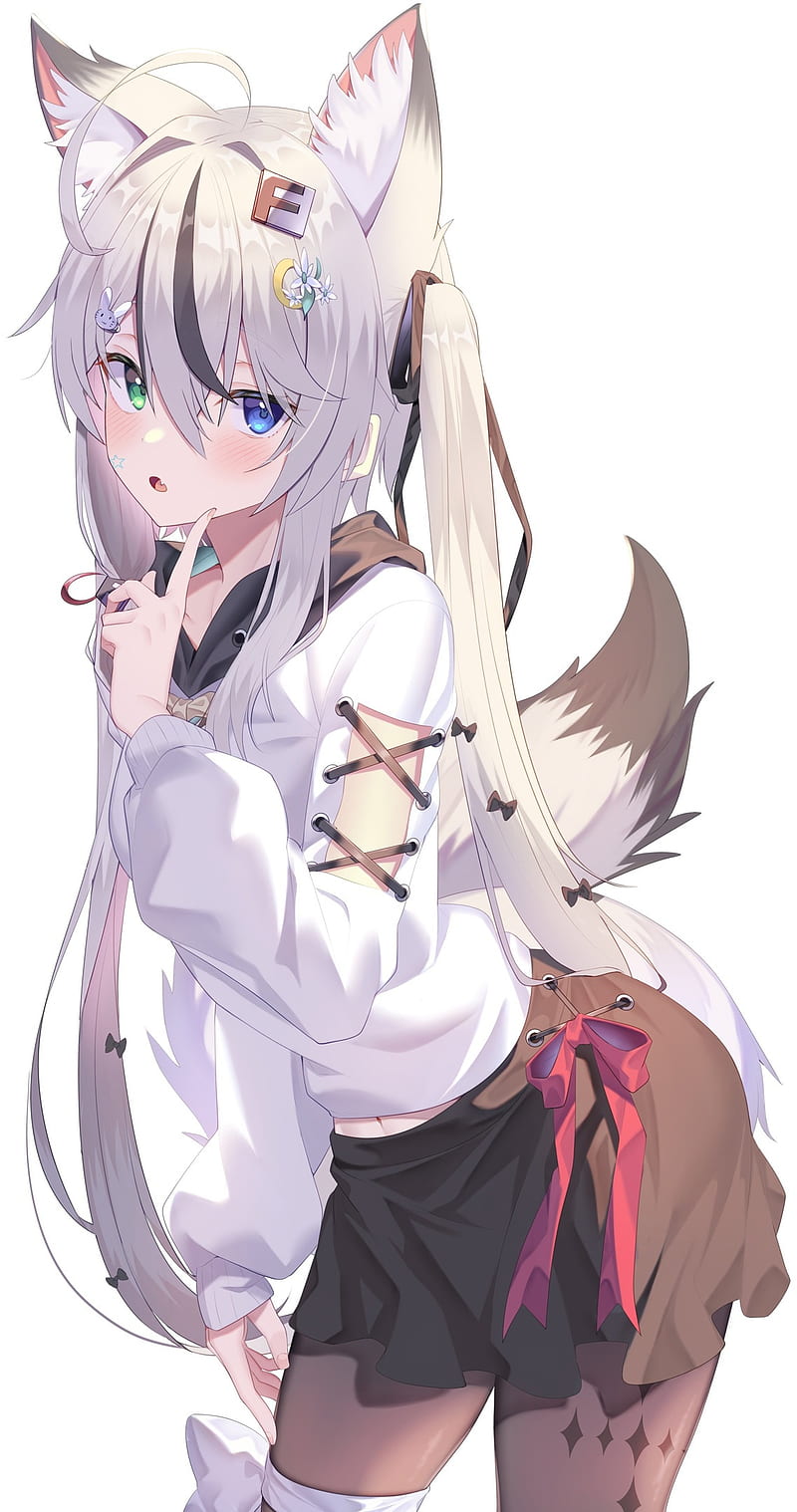 Neko-tyan, neko, white hair, cute, short skirt, tail, anime, HD phone ...