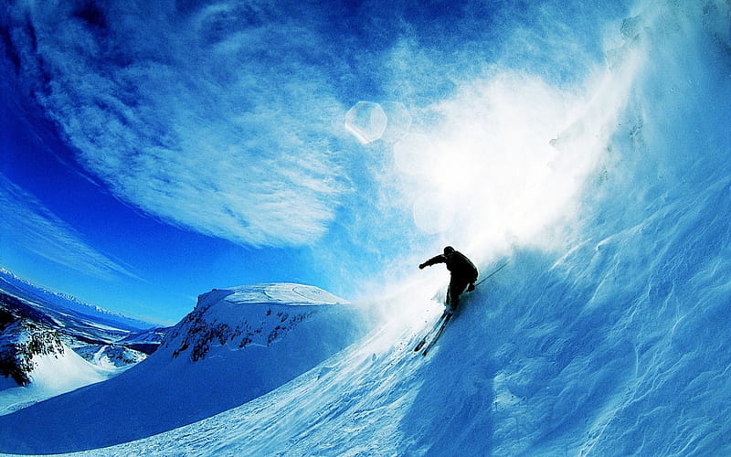skier, sun, snow, mountains, person, blue sky, clouds, skiis, HD wallpaper
