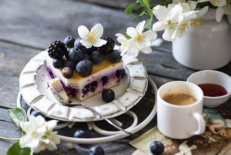 Food, Cheesecake, Berry, Coffee, Fruit, Pastry, White Flower, HD wallpaper