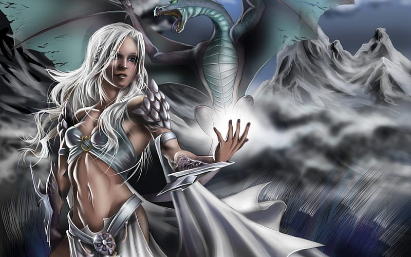 Daenerys Targaryen, art, wings, game of thrones, queen, woman, dragon, girl, song of ice and fire, white, princess, blue, HD wallpaper
