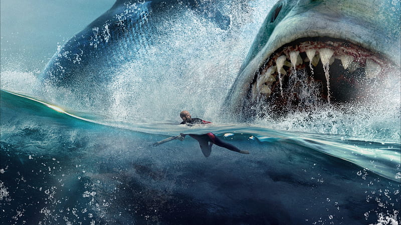 The meg 2018, poster, movie, Jason Statham, wave, sea, mondter, shark, monster, the meg, HD wallpaper