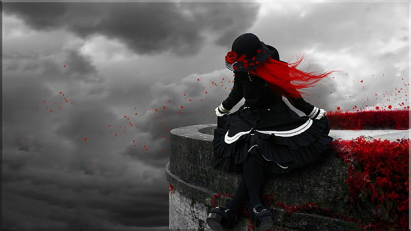 Sad Goth Woman, redhead, ginger, red head, lonely, red hair, depressed, goth, gothic, dark, sad, HD wallpaper