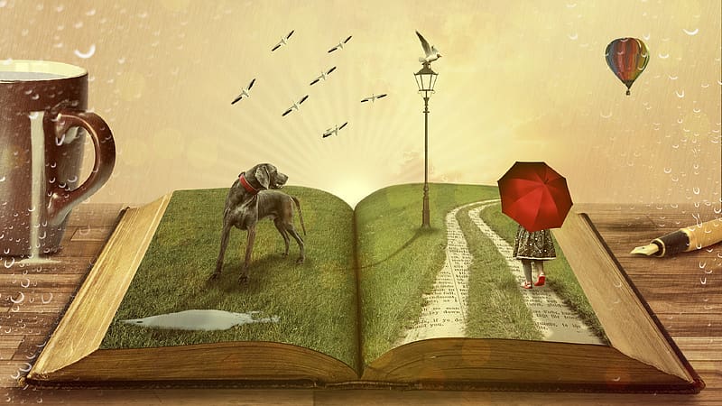 Fantasy, Dog, Book, Umbrella, Child, Flock Of Birds, , Little Girl, HD wallpaper
