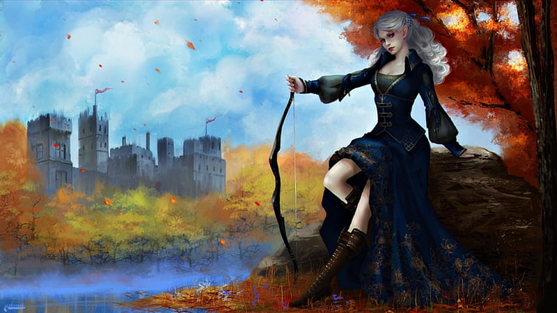 Riftrider, red, art, autumn, black, yellow, blonde, woman, leventart, tree, fantasy, girl, archer, castle, blue, HD wallpaper