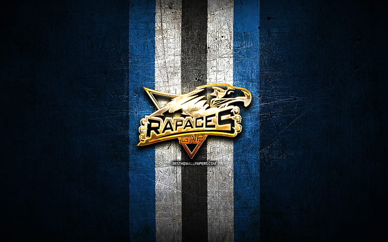 Rapaces de Gap, golden logo, Ligue Magnus, blue metal background, french hockey team, french hockey league, Rapaces de Gap logo, hockey, HD wallpaper