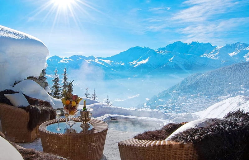 Ice romantic atmosphere, sun, romantic, snow, mountains, HD wallpaper