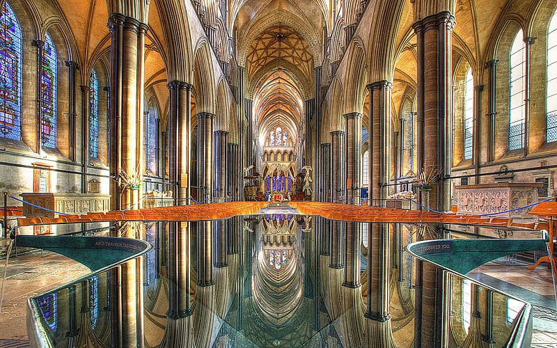 Architecture, Interior, Reflection, Arch, Silver, Cathedral, Religious, Salisbury Cathedral, Cathedrals, HD wallpaper