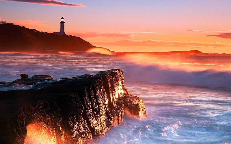 lighthouse rocks surf waves-, HD wallpaper