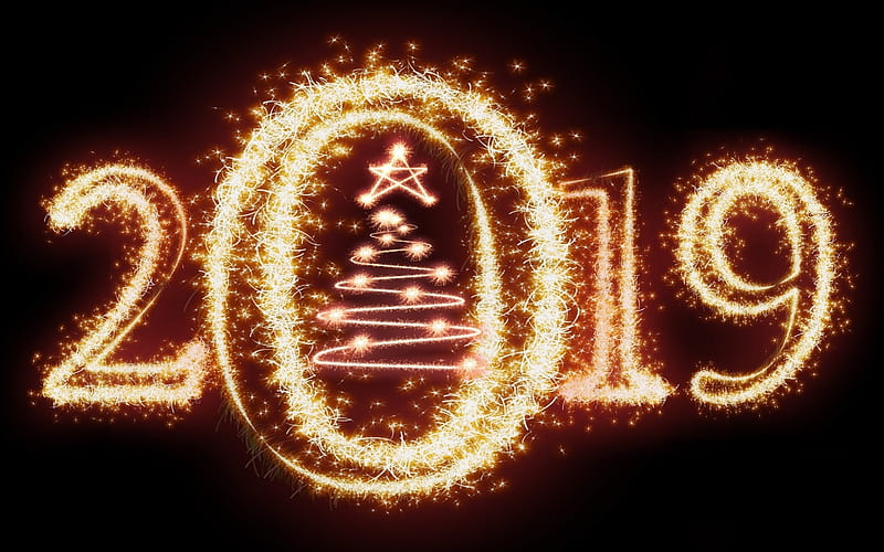 2019 glitter digits, xmas tree, black background, Happy New Year 2019, 2019 glitter art, glitter digits, 2019 concepts, 2019 on black background, 2019 year digits, HD wallpaper