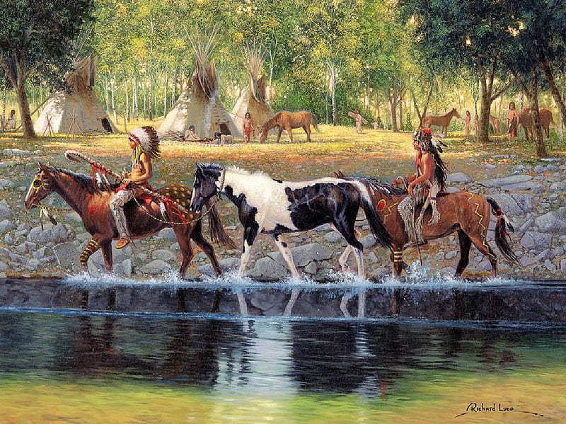 The Prize, painting, natives, river, trees, tents, horses, HD wallpaper