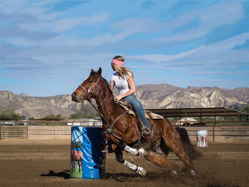 Barrel Practice. ., female, cowgirl, ranch, fun, barrels, outdoors, women, horses, rodeo, girls, blondes, western, HD wallpaper