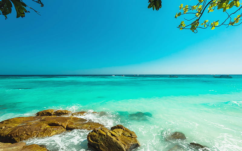 ocean, azure lagoon, seascape, tropical islands, beach, waves, blue sky, travel concepts, HD wallpaper
