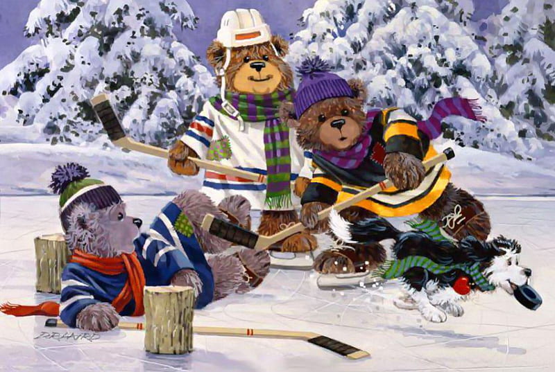 Teddy takes the puck, playing, teddy, game, fun, trees, joy, puck, winter, hockey, snow, team, frost, HD wallpaper