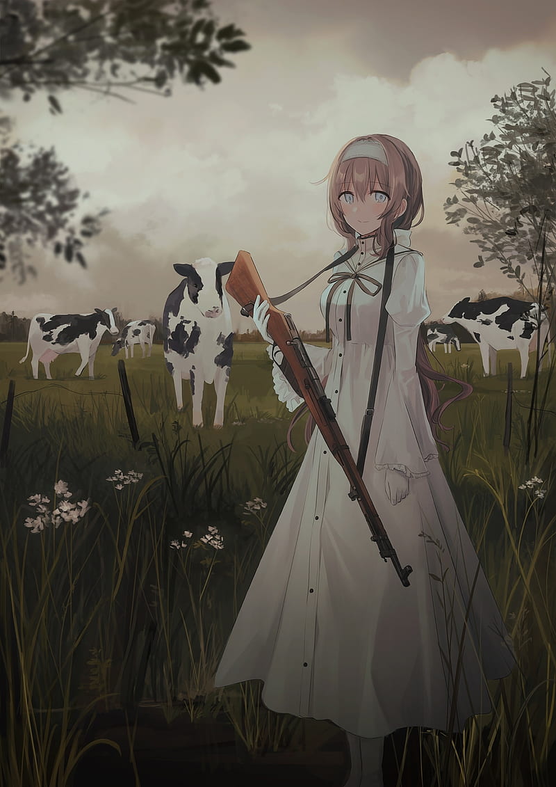 white dress, anime girl, rifle, cow, field, short hair, Anime, HD phone wallpaper