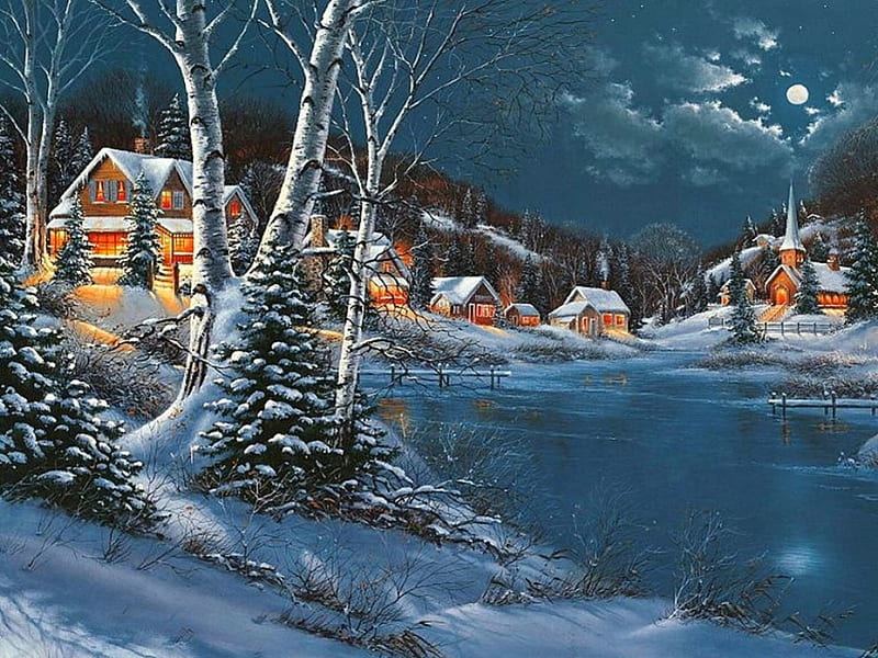 Winter time in village, lovely, christmas, christmas spirit, bonito, church, lake, lights, winter, splendor, snow, ice, peaceful, village, HD wallpaper