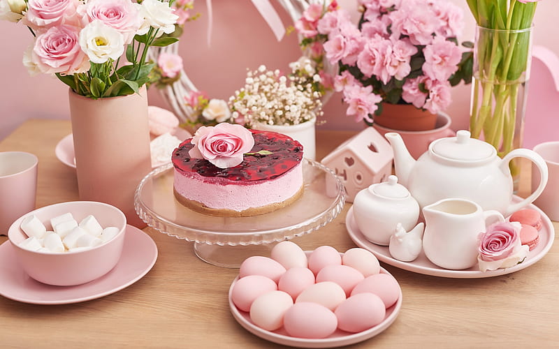 Happy Easter!, food, flower, cup, easter, pink, card, cake, sweet, dessert, egg, cookie, HD wallpaper