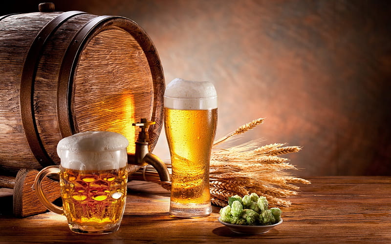 Draft Beer, glass, draft, mug, barrel, beer, HD wallpaper
