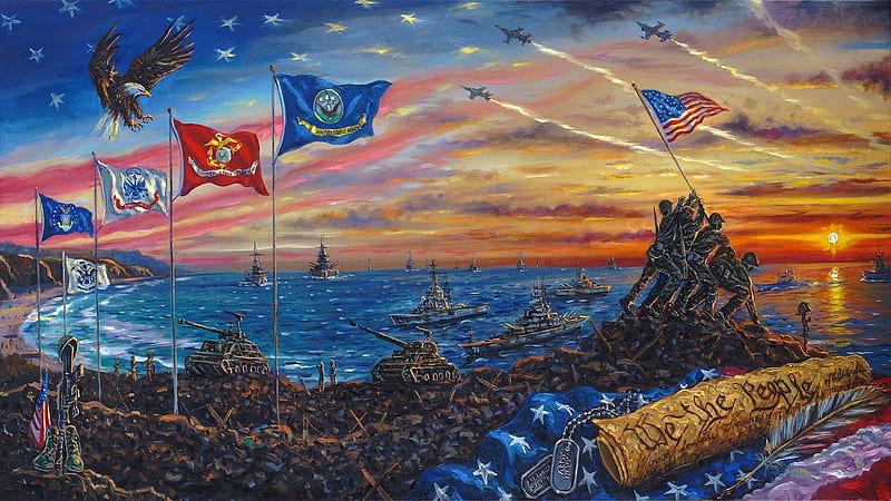 We, The People, monument, warships, flags, aircrafts, painting, tanks, sea, artwork, eagle, HD wallpaper