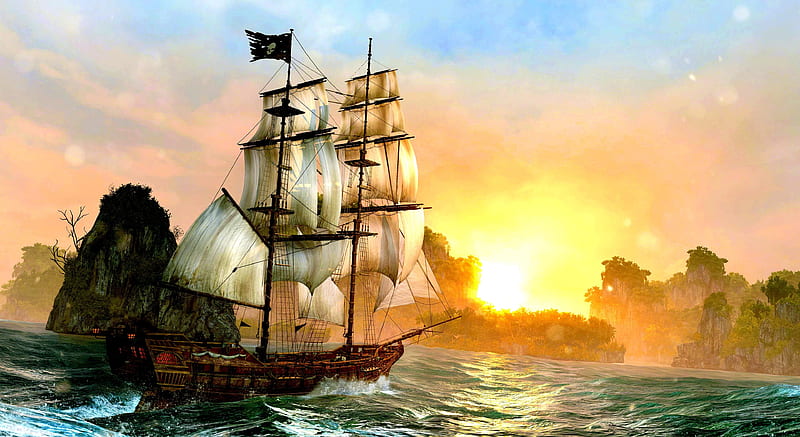 SUNSET SAILING, ship, Assassins Creed 4, screenshot, sails, Black Flag, HD wallpaper