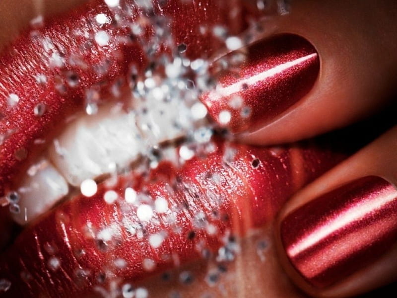 manicure, red, nails, sequins, teeth, HD wallpaper