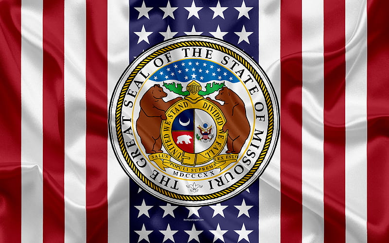 Missouri, USA American state, Seal of Missouri, silk texture, US states, emblem, states seal, American flag, HD wallpaper