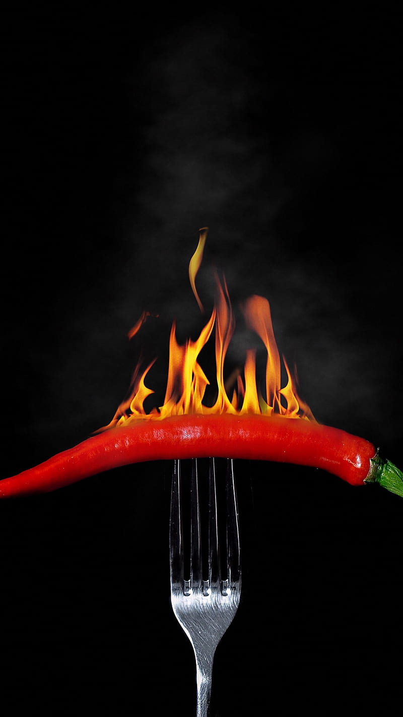 Chile on Fire , fork, searing, pepper, food, red, chile on fire, HD phone wallpaper