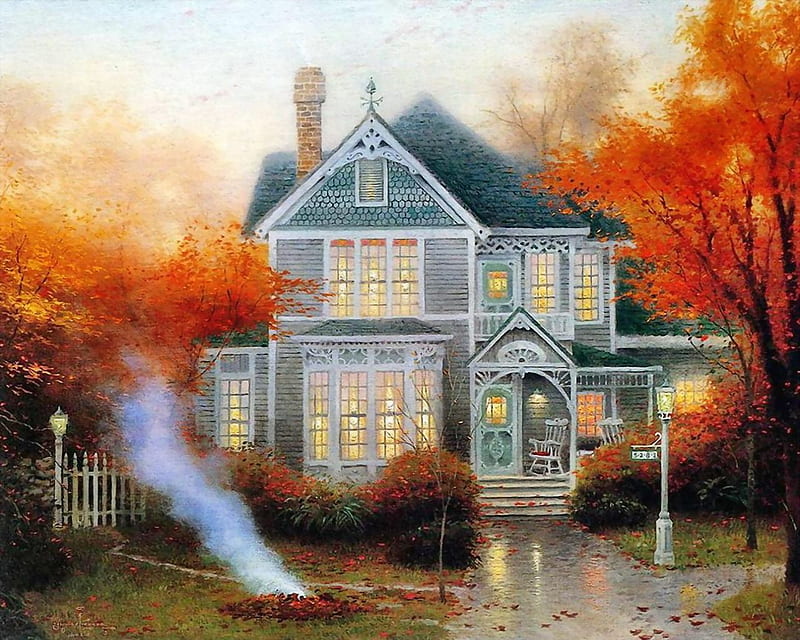There\'s No Place Like Home, fall, art, autumn, rocking chair, home, artwork, thomas kinkade, afternoon, burning leaves, porch, painting, scenery, kinkade, HD wallpaper